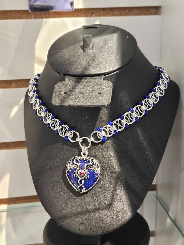 Silver Helm weave with Blue Seed Beads and Lapis Lazuli Dragon Heart