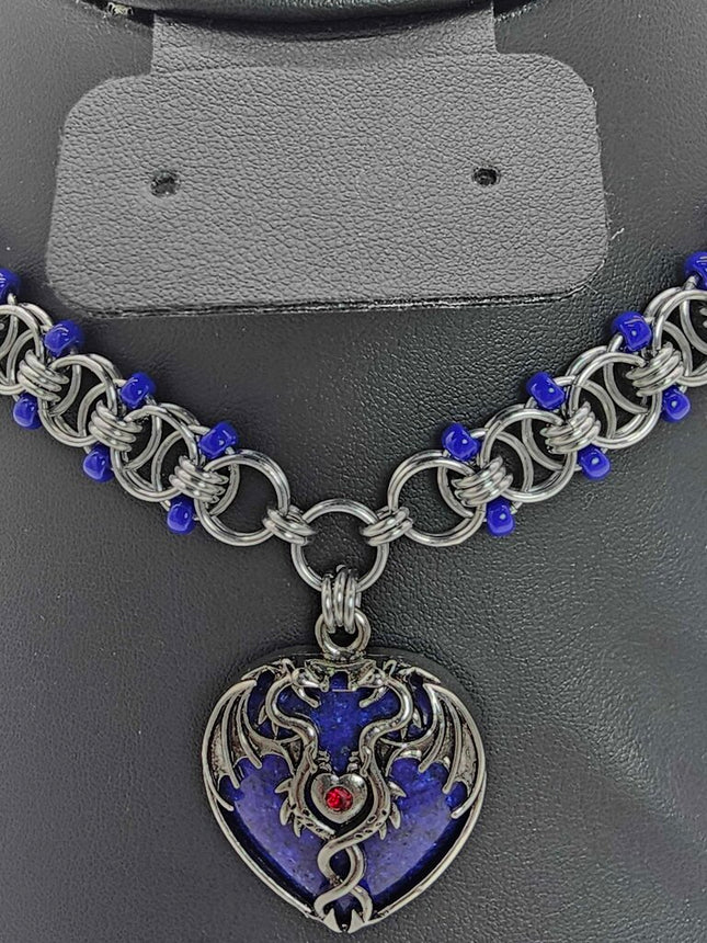 Silver Helm weave with Blue Seed Beads and Lapis Lazuli Dragon Heart