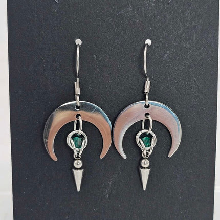 Crescent Moon with Green Captured bead and Spike Stainless Steel Earrings