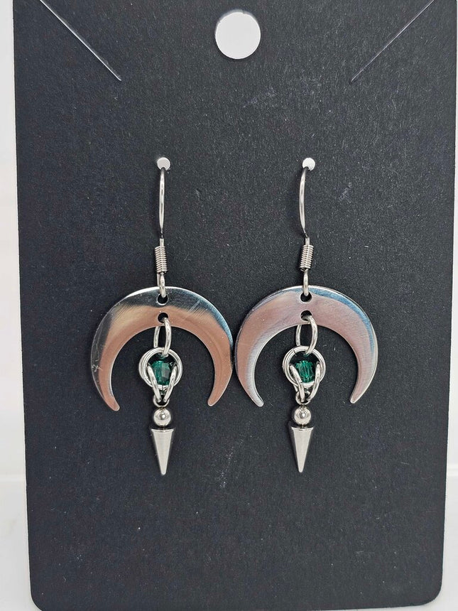 Crescent Moon with Green Captured bead and Spike Stainless Steel Earrings
