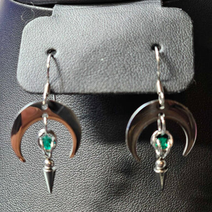 Crescent Moon with Green Captured bead and Spike Stainless Steel Earrings