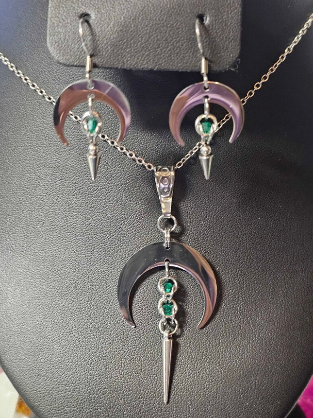 Crescent Moon with Green Captured bead and Spike Stainless Steel Earrings