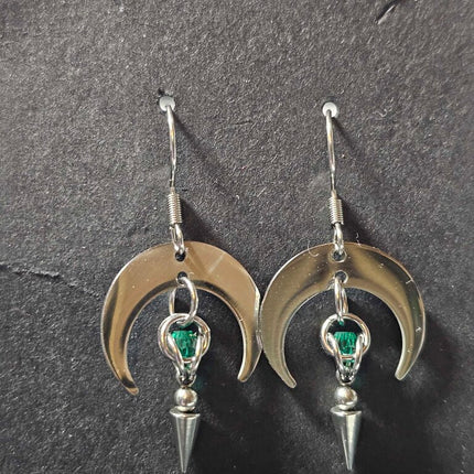 Crescent Moon with Green Captured bead and Spike Stainless Steel Earrings