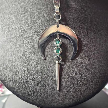 Crescent Moon with Green Captured bead and Spike Stainless Steel Necklace