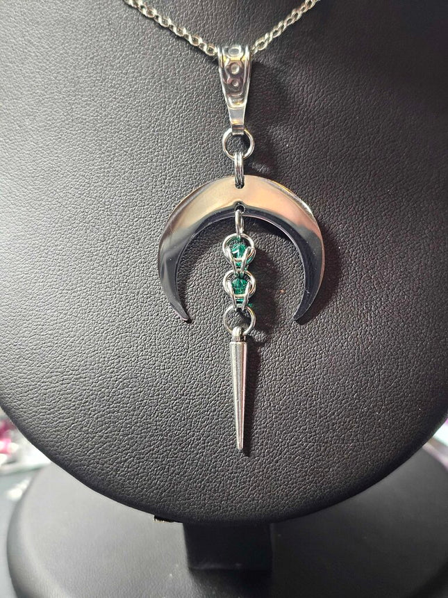 Crescent Moon with Green Captured bead and Spike Stainless Steel Necklace