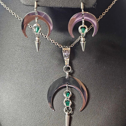 Crescent Moon with Green Captured bead and Spike Stainless Steel Necklace