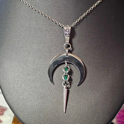Crescent Moon with Green Captured bead and Spike Stainless Steel Necklace