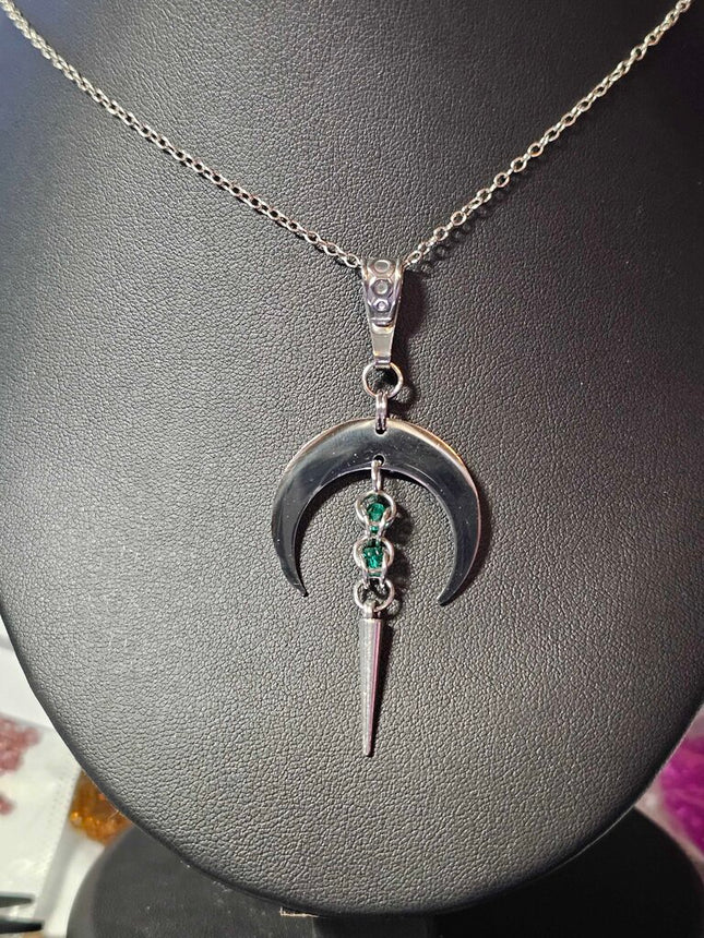 Crescent Moon with Green Captured bead and Spike Stainless Steel Necklace