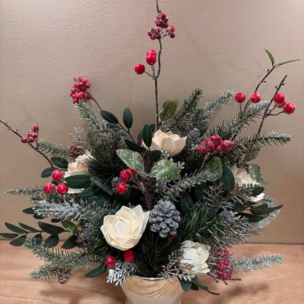 White Vase filled with Red Berries and White Sola Wood Flowers