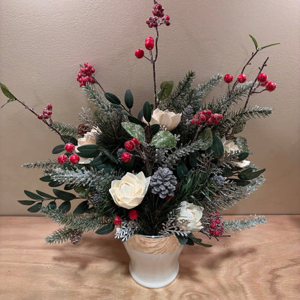 White Vase filled with Red Berries and White Sola Wood Flowers