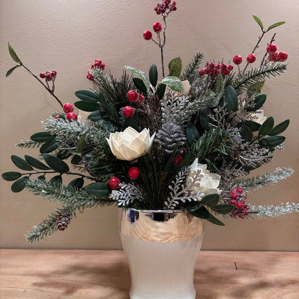 White Vase filled with Red Berries and White Sola Wood Flowers