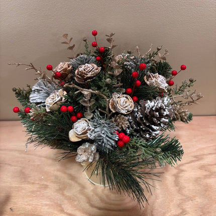 Cream Vase filled with Gold Eucalyptus and Snow Covered Sola Wood Flowers