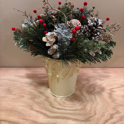 Cream Vase filled with Gold Eucalyptus and Snow Covered Sola Wood Flowers