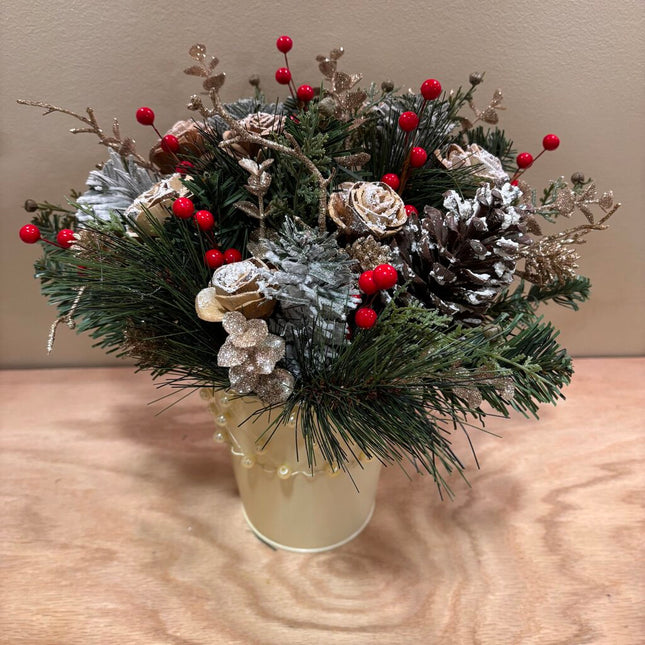 Cream Vase filled with Gold Eucalyptus and Snow Covered Sola Wood Flowers
