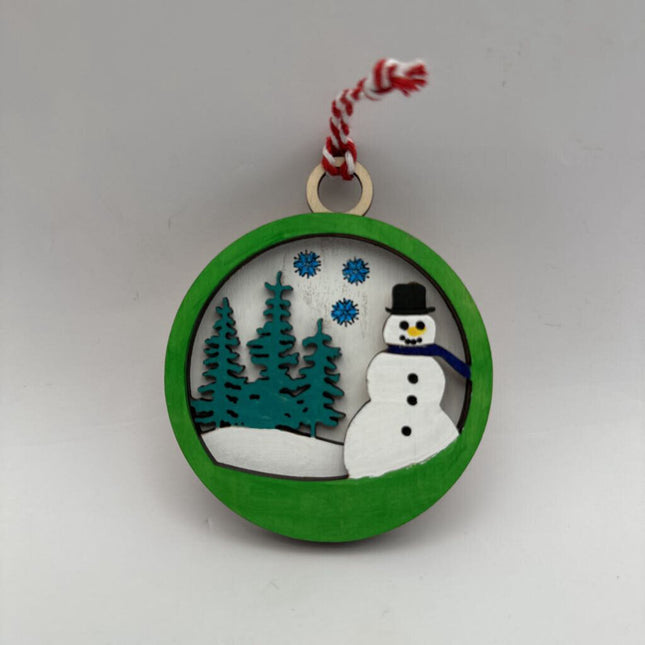 Layered Snowman Ornament green trim