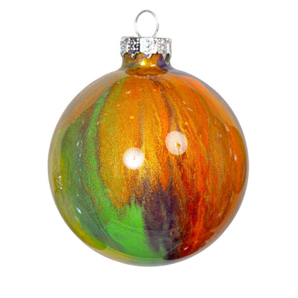 3" Round Fluid Art Christmas ornament - Orange, green, gold