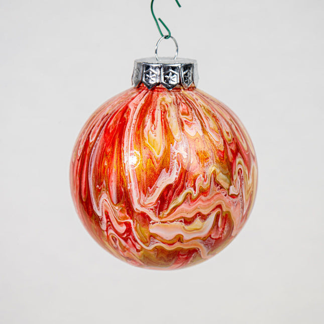 3" Round Fluid Art Christmas ornament - orange, red, white, gold