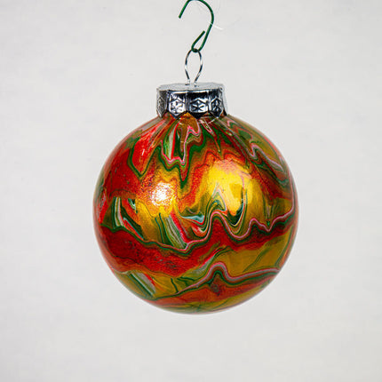 3" Round Fluid Art Christmas ornament - red, gold, green