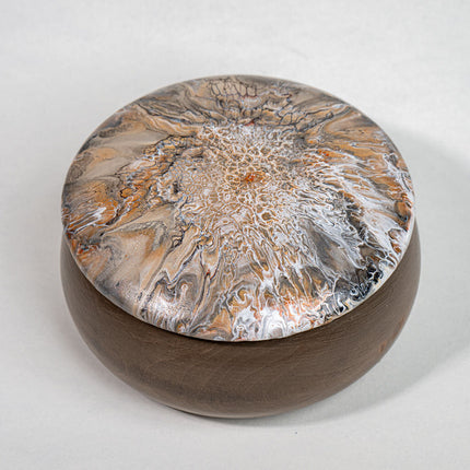 Handcrafted 5 inch round wooden trinket box - neutral colors, earth, tones, beige, white