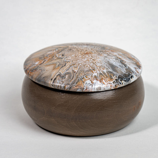 Handcrafted 5 inch round wooden trinket box - neutral colors, earth, tones, beige, white