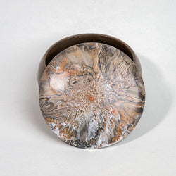 Handcrafted 5 inch round wooden trinket box - neutral colors, earth, tones, beige, white - view 1
