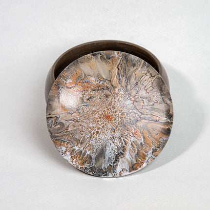 Handcrafted 5 inch round wooden trinket box - neutral colors, earth, tones, beige, white