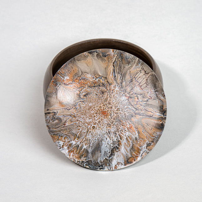 Handcrafted 5 inch round wooden trinket box - neutral colors, earth, tones, beige, white