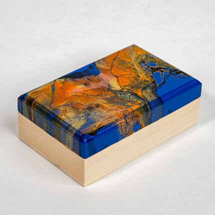 Wood Trinket box 5.5, 3.5, 2" - gold, blue, orange