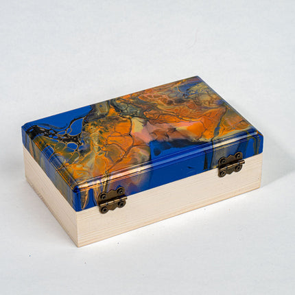Wood Trinket box 5.5, 3.5, 2" - gold, blue, orange