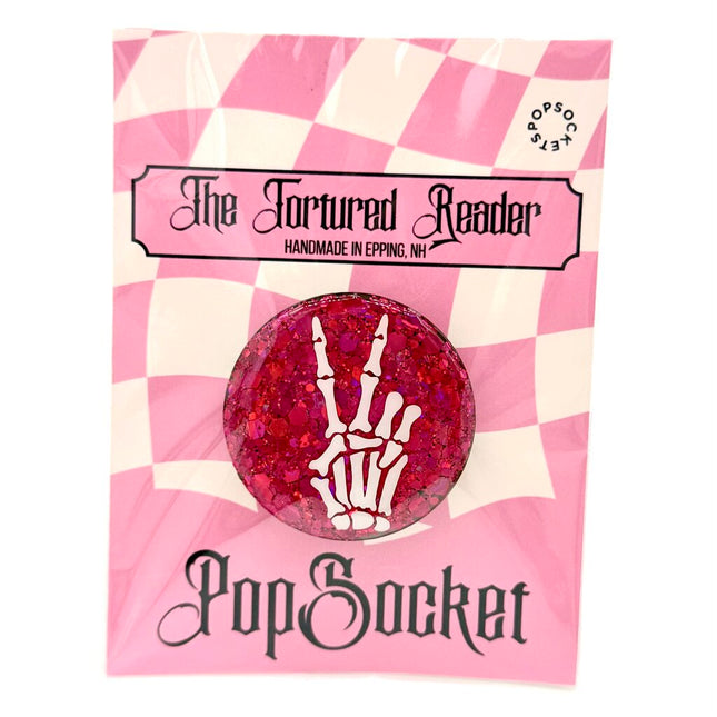 Skeleton Peace Sign Pink Glitter PopSocket