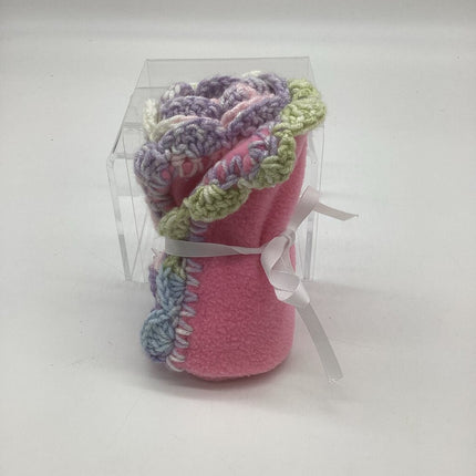 Fleece lovey w/ crocheted border pink w/ white