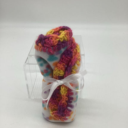 Fleece lovey white w/ dots bright multi color crocheted border