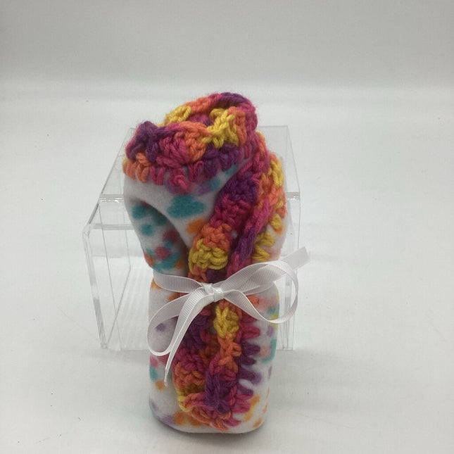Fleece lovey white w/ dots bright multi color crocheted border