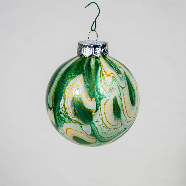 3" Round Fluid Art Christmas ornament - green White