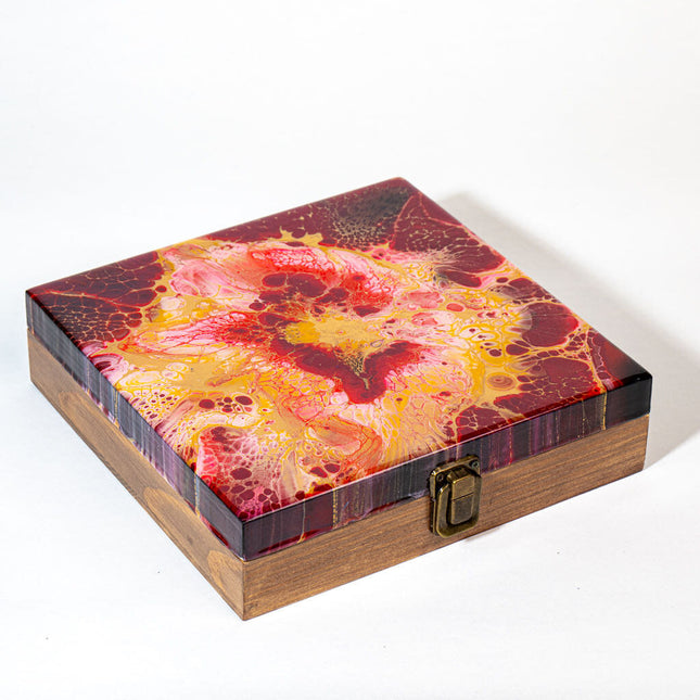 Fluid Art jewelry box - Burgundy, Gold, yellow, Pink, black