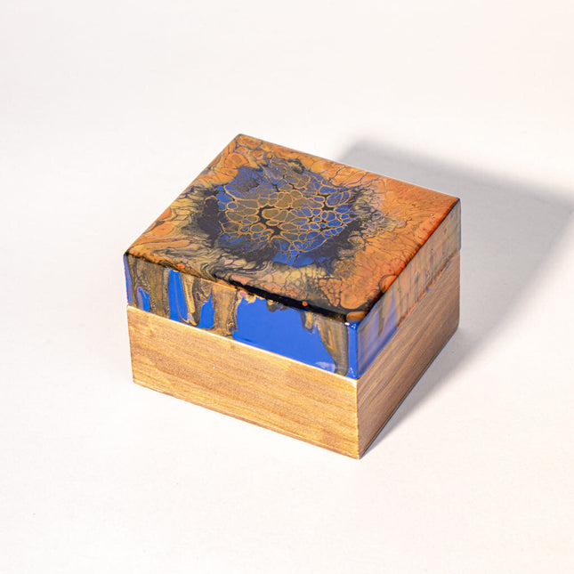 Fluid Art jewelry box - blue, gold, orange