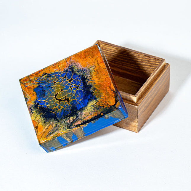 Fluid Art jewelry box - blue, gold, orange
