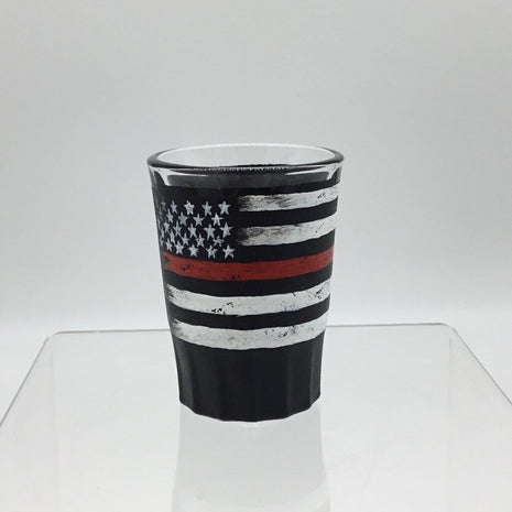Rustic Fire Thin Red Line Hvy 2 oz Black Shotglass, Hand Painted, Heat Cured, Hand Wash Please.