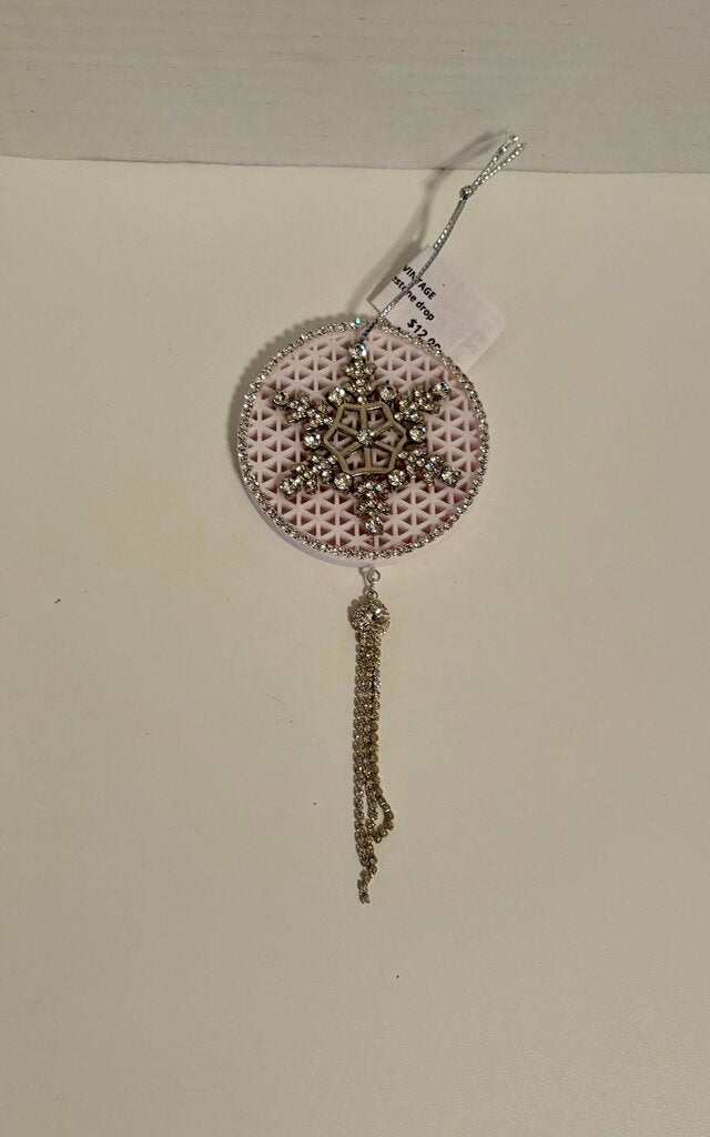 WHITE ORNAMENT w/ VINTAGE SNOWFLAKE AND rhinestone drop