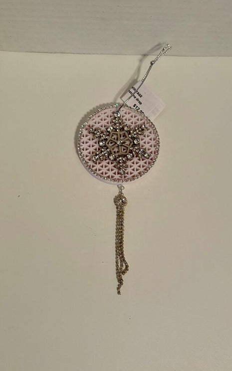 WHITE ORNAMENT w/ VINTAGE SNOWFLAKE AND rhinestone drop