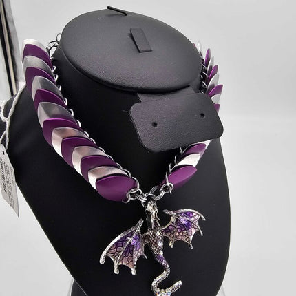 Purple and Silver Scale Necklace with Purple Dragon