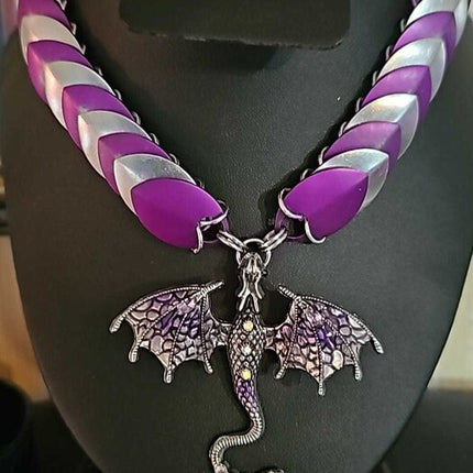 Purple and Silver Scale Necklace with Purple Dragon