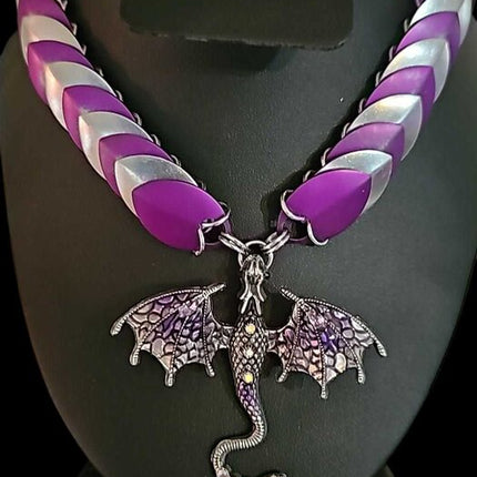 Purple and Silver Scale Necklace with Purple Dragon
