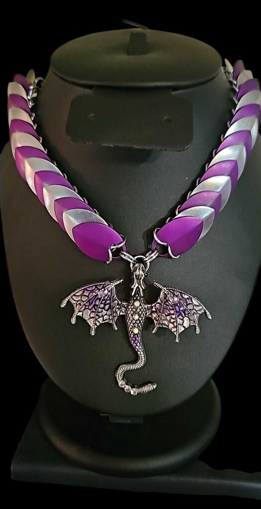Purple and Silver Scale Necklace with Purple Dragon