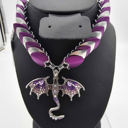 Purple and Silver Scale Necklace with Purple Dragon