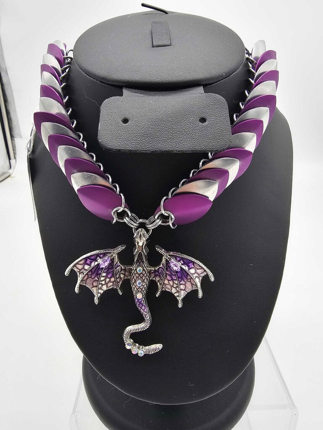 Purple and Silver Scale Necklace with Purple Dragon