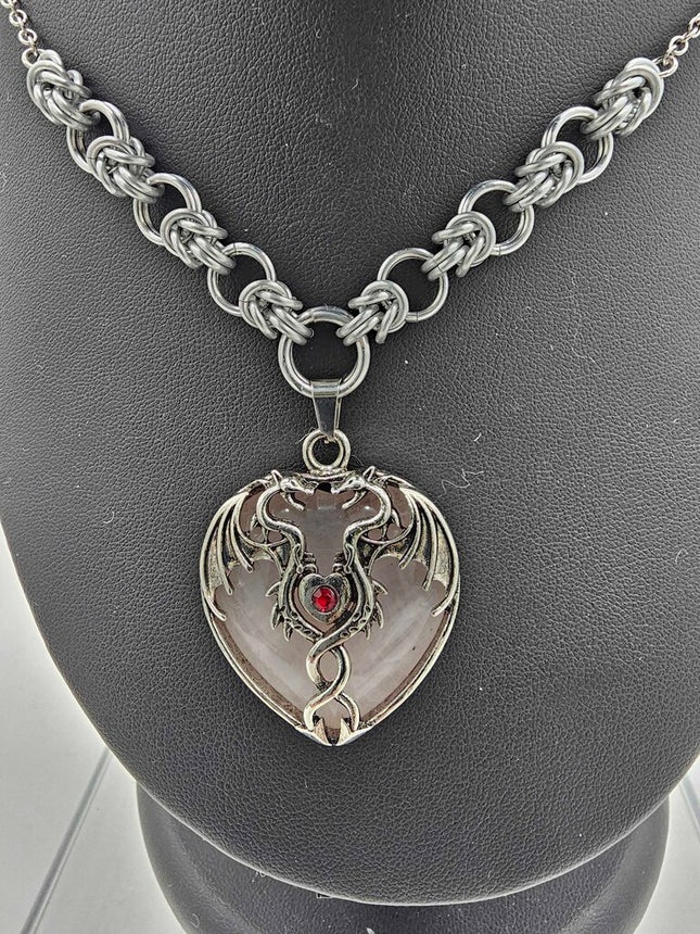 Rose Quartz Dragon Choker with Silver Half Byzantine Links