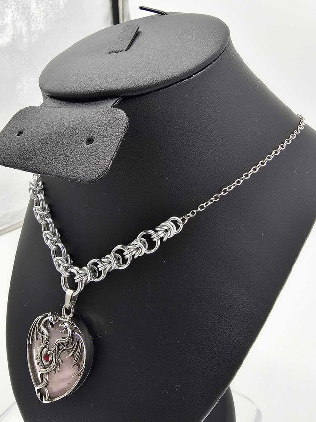 Rose Quartz Dragon Choker with Silver Half Byzantine Links