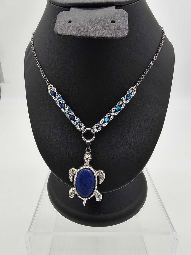 Lapis Lazuli Turtle with Silver and Turquoise Byzantine Necklace 18 inches