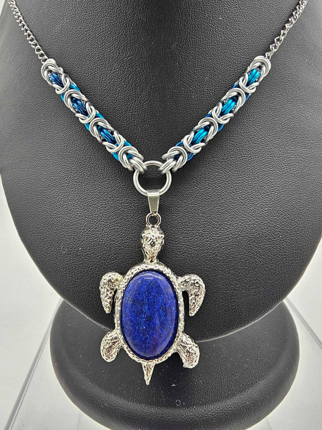 Lapis Lazuli Turtle with Silver and Turquoise Byzantine Necklace 18 inches